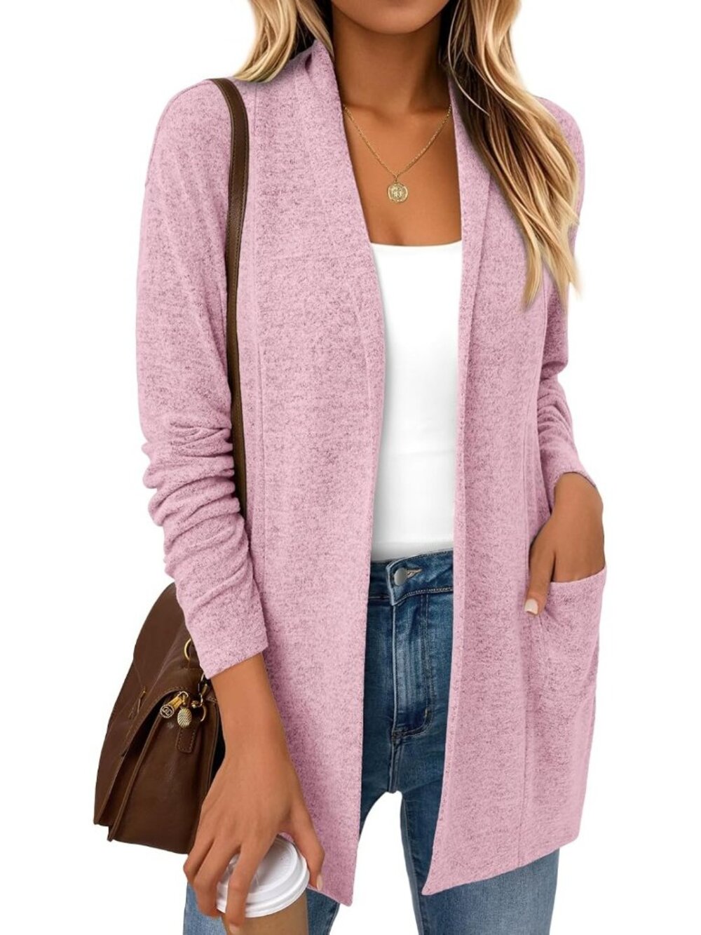 Women's Pink Stylish Lightweight Cardigans Fall Fashion Outfits Casual Sweaters
